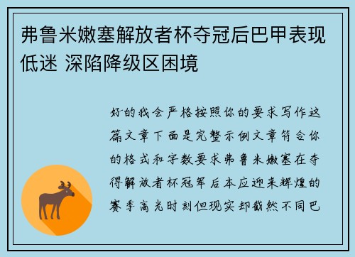 弗鲁米嫩塞解放者杯夺冠后巴甲表现低迷 深陷降级区困境